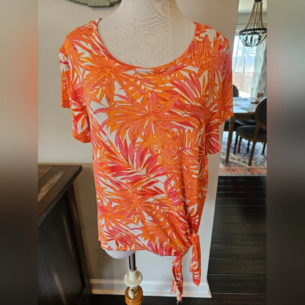 Casey Key •Size Large Petite• Tropical Print Leaf Casual Tee w/ Tie Soft Rayon